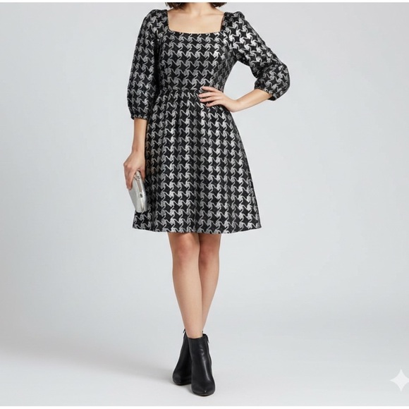 Anthropologie Dresses & Skirts - NEW Anthropologie DAMASK houndstooth Dress Balloon Sleeves XSMALL Silver Black